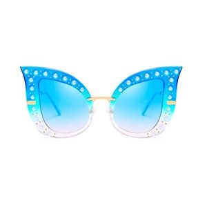 Pearl Embellished Oversized Cat Eye Sunglasses (Blue)